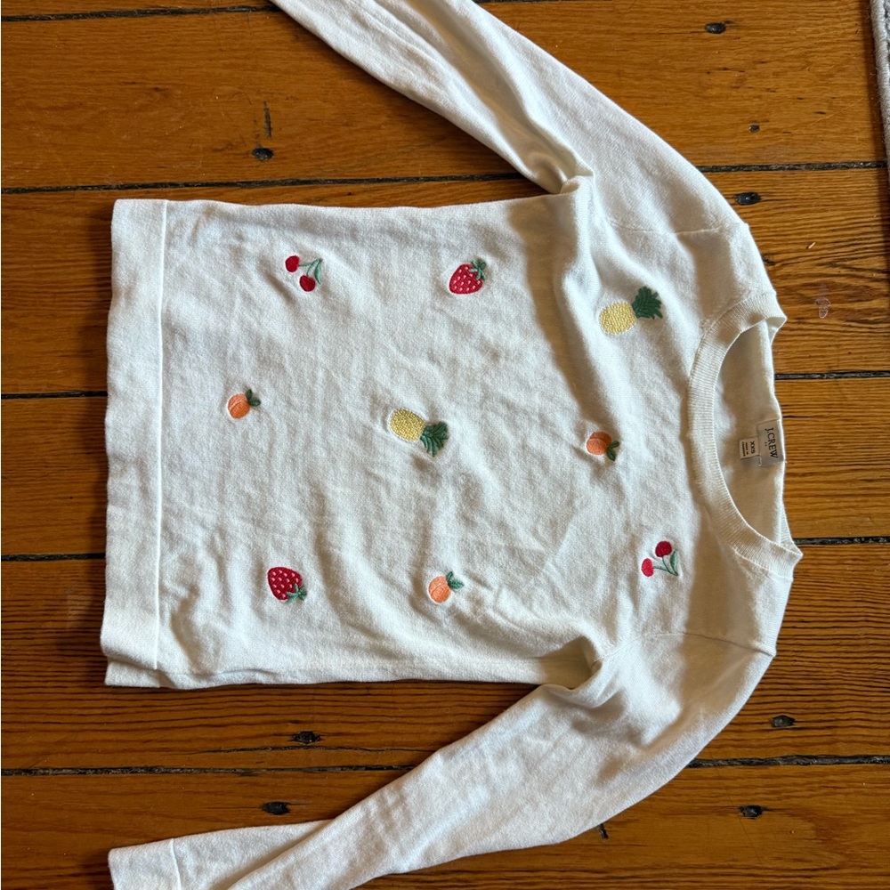 J. Crew Kids White Long Sleeve Shirt with Fruit Embroidery